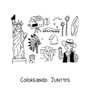 Imagen para colorear de estatua de la libertad y símbolos de la cultura estadounidense