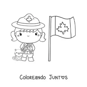 Imagen para colorear de niña policía de canadá kawaii con la bandera y un castor animado