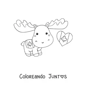 Imagen para colorear de alce canadiense animado kawaii con la bandera de canadá