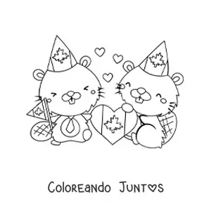 Imagen para colorear de castores de canadá animados con la bandera y corazones
