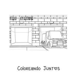 Imagen para colorear de un camión de bomberos en la estación