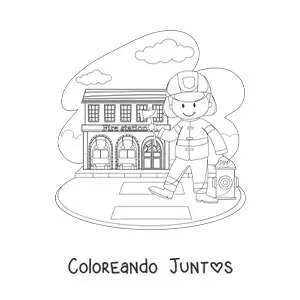 Imagen para colorear de un bombero animado en la estación