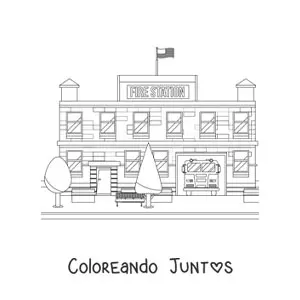 Imagen para colorear de un camión de bomberos aparcado en la estación