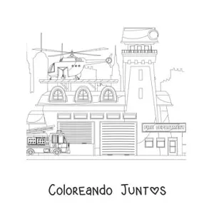 Imagen para colorear de vehículos de rescate en la estación de bomberos