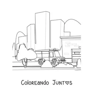 Imagen para colorear de un camión de bomberos en la ciudad