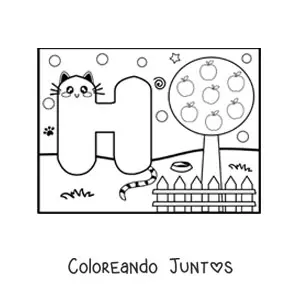 Imagen para colorear de la letra h animada con forma de gato en el parque