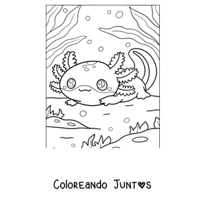 Imagen para colorear de un ajolote bebé descansando sobre el fondo