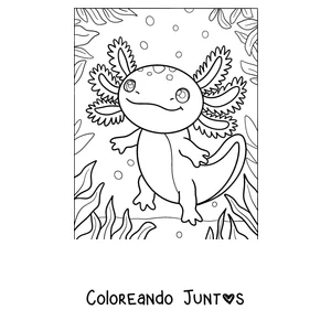 Imagen para colorear de un ajolote caminando entre plantas de agua