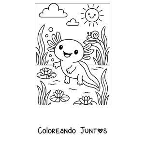 Imagen para colorear de un ajolote junto a una laguna con un caracol y el sol