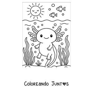 Imagen para colorear de un ajolote nadando bajo un sol sonriente