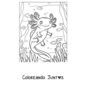 Imagen para colorear de un ajolote nadando entre pececitos y plantas
