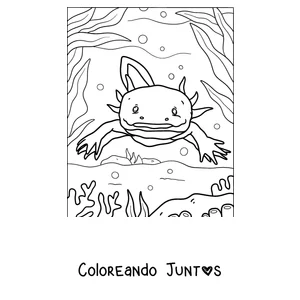 Imagen para colorear de un ajolote contento nadando entre algas