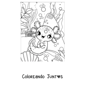 Imagen para colorear de un ajolote de ojos grandes sentado sobre una caracola