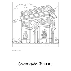 Imagen para colorear del Arco del Triunfo en perspectiva rodeado de jardines