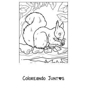 Imagen para colorear de una ardilla buscando nueces en el suelo