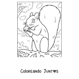 Imagen para colorear de una ardilla comiendo una nuez