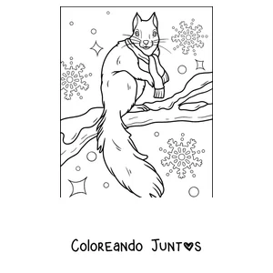 Imagen para colorear de una ardilla con bufanda sobre una rama nevada