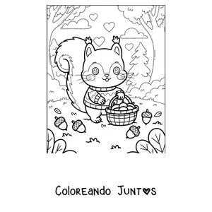 Imagen para colorear de una ardilla con un suéter y una canasta de bellotas