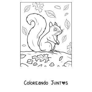 Imagen para colorear de una ardilla entre las hojas de otoño