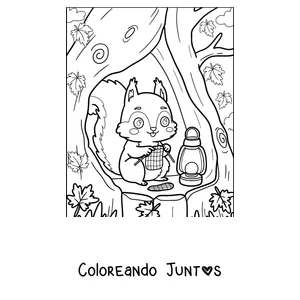 Imagen para colorear de una ardilla en el hueco de un árbol junto a un farol