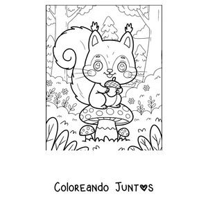 Imagen para colorear de una ardilla sentada sobre un hongo con una bellota