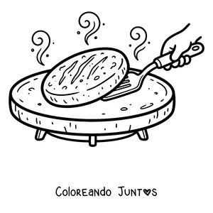 Imagen para colorear de una arepa cocinándose en el budare