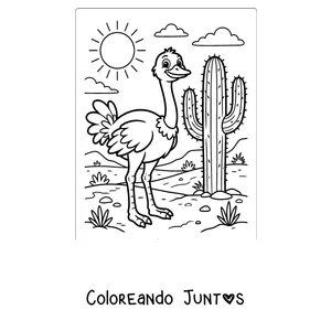 Imagen para colorear de una avestruz junto a un cactus en el desierto