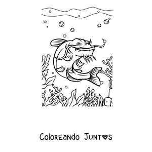 Imagen para colorear de un bagre entre corales del fondo del mar
