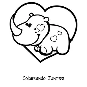 Imagen para colorear de un bebé rinoceronte dentro de un corazón