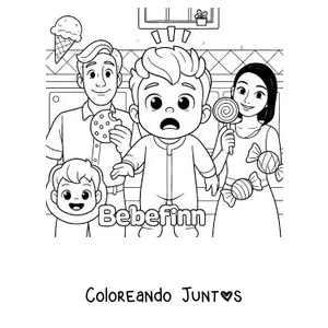 Imagen para colorear de Bebefinn y su familia con helados y golosinas