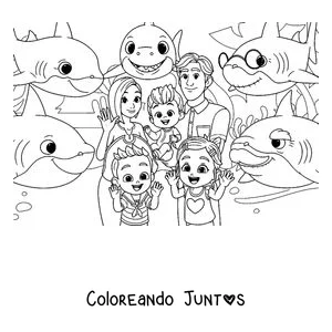 Imagen para colorear de la familia de Bebefinn rodeada por la familia de tiburones