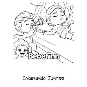 Imagen para colorear de los hermanos de Bebefinn jugando con una lupa mientras Finn los mira