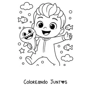 Imagen para colorear de Bebefinn nadando entre peces y un bebé tiburón