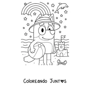Imagen para colorear de Bluey en la playa con una pelota