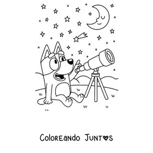 Imagen para colorear de Bluey observando el cielo con un telescopio