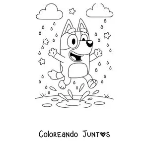 Imagen para colorear de Bluey saltando en un charco bajo la lluvia