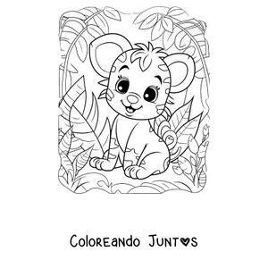 Imagen para colorear de un cachorro de tigre sonriente sentado en la selva