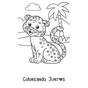 Imagen para colorear de un cachorro de guepardo junto a una palmera