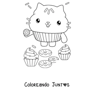 Imagen para colorear de Cakey, el gato pastelito, con cupcakes y donas
