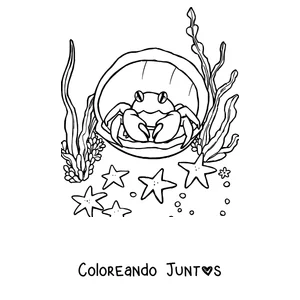 Imagen para colorear de un cangrejo asomado dentro de una concha marina