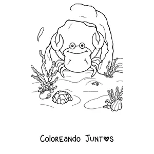Imagen para colorear de un cangrejo en el fondo del mar entre algas y caracoles