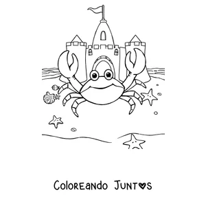 Imagen para colorear de un cangrejo en la playa junto a un castillo de arena