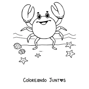 Imagen para colorear de un cangrejo sonriente parado entre estrellas de mar