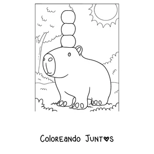 Imagen para colorear de un capibara bebé con manzanas sobre la cabeza