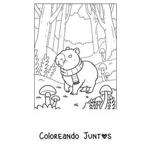 Imagen para colorear de un capibara con bufanda paseando por el bosque de otoño