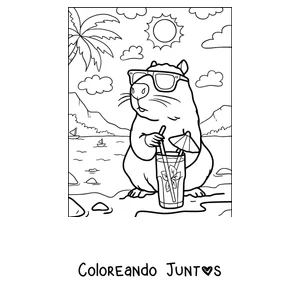 Imagen para colorear de un capibara con gafas de sol tomando limonada