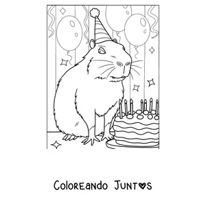 Imagen para colorear de un capibara soplando las velas de su torta de cumpleaños