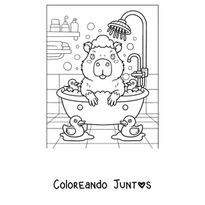 Imagen para colorear de un capibara en un baño de burbujas con patitos de goma