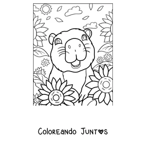 Imagen para colorear de un capibara entre girasoles