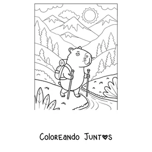 Imagen para colorear de un capibara excursionista con mochila en la montaña